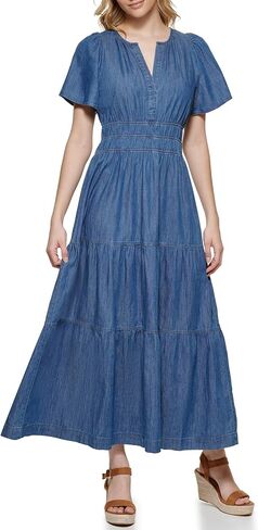 Tommy Hilfiger Women's Tiered Split Neck Short Sleeve Dress, Medium Benson in Saudi Arabia