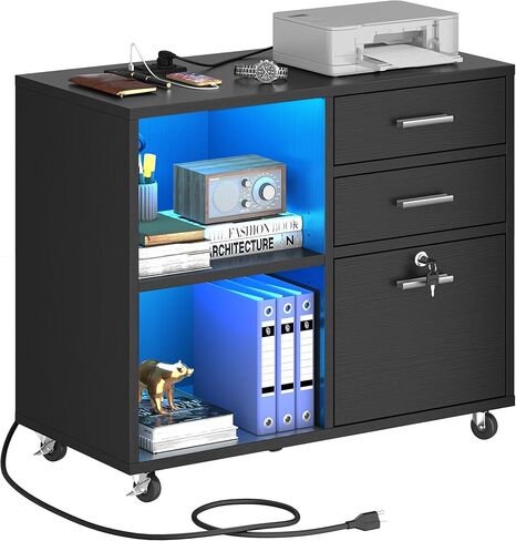 YITAHOME Wood File Cabinet, 3 Drawer Mobile Lateral Filing Cabinet, Storage Cabinet Printer Stand with Charging Station and Led Light for Home Office Organization, Black in Saudi Arabia