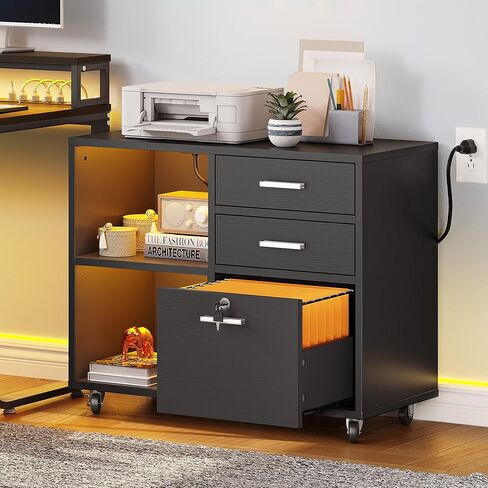 YITAHOME Wood File Cabinet, 3 Drawer Mobile Lateral Filing Cabinet, Storage Cabinet Printer Stand with Charging Station and Led Light for Home Office Organization, Black in Saudi Arabia