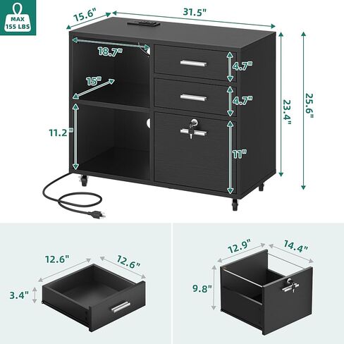 YITAHOME Wood File Cabinet, 3 Drawer Mobile Lateral Filing Cabinet, Storage Cabinet Printer Stand with Charging Station and Led Light for Home Office Organization, Black in Saudi Arabia