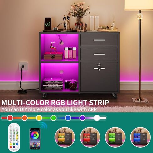 YITAHOME Wood File Cabinet, 3 Drawer Mobile Lateral Filing Cabinet, Storage Cabinet Printer Stand with Charging Station and Led Light for Home Office Organization, Black in Saudi Arabia