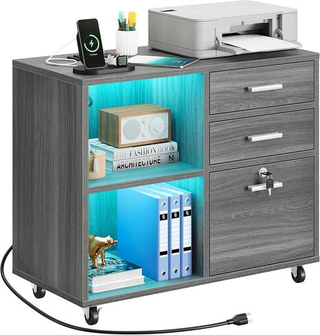 YITAHOME Wood File Cabinet, 3 Drawer Mobile Lateral Filing Cabinet, Storage Cabinet Printer Stand with Charging Station and Led Light for Home Office Organization, Black in Saudi Arabia