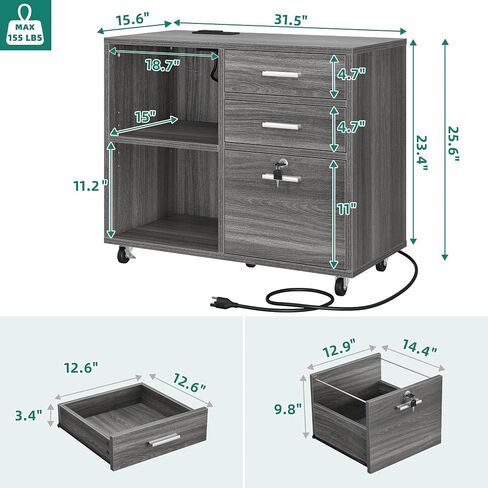 YITAHOME Wood File Cabinet, 3 Drawer Mobile Lateral Filing Cabinet, Storage Cabinet Printer Stand with Charging Station and Led Light for Home Office Organization, Black in Saudi Arabia