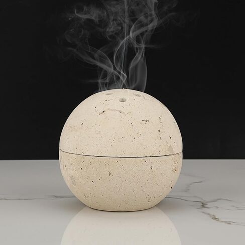 ELLDOO Natural Travertine Incense Cone Holder, Home Decor Handmade Ball Shape Incense Burner for Yoga Meditation SPA Reading, Beige in Kuwait
