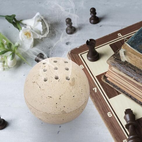 ELLDOO Natural Travertine Incense Cone Holder, Home Decor Handmade Ball Shape Incense Burner for Yoga Meditation SPA Reading, Beige in Kuwait