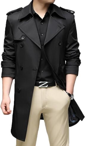 Men's Double Breasted Trench Coat Slim Fit Casual Windbreaker Notch Lapel Belted Long Jacket Overcoat in Saudi Arabia