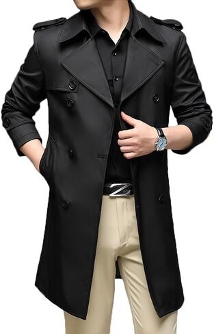 Men's Double Breasted Trench Coat Slim Fit Casual Windbreaker Notch Lapel Belted Long Jacket Overcoat in Saudi Arabia