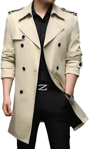 Men's Double Breasted Trench Coat Slim Fit Casual Windbreaker Notch Lapel Belted Long Jacket Overcoat in Saudi Arabia