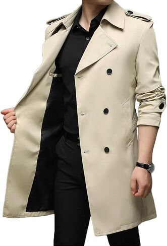 Men's Double Breasted Trench Coat Slim Fit Casual Windbreaker Notch Lapel Belted Long Jacket Overcoat in Saudi Arabia