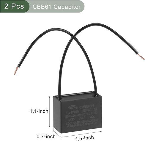 YOKIVE 2 Pack Ceiling Fan Capacitor CBB61, Metallized Polypropylene Film Capacitor Great for Fans Pumps Motors Running (4uF 250V AC 2 Wires 38x28x18mm) in Saudi Arabia