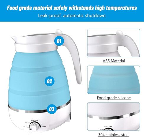 600ml Travel Electric Kettle, Portable Travel Foldable Electric Kettle Home Collapsible 5 Different Temperature Silicone Water Boiler and Tea Pot for Camping (Blue) in Saudi Arabia