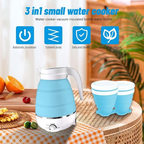 600ml Travel Electric Kettle, Portable Travel Foldable Electric Kettle Home Collapsible 5 Different Temperature Silicone Water Boiler and Tea Pot for Camping (Blue) in Saudi Arabia