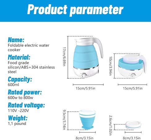 600ml Travel Electric Kettle, Portable Travel Foldable Electric Kettle Home Collapsible 5 Different Temperature Silicone Water Boiler and Tea Pot for Camping (Blue) in Saudi Arabia