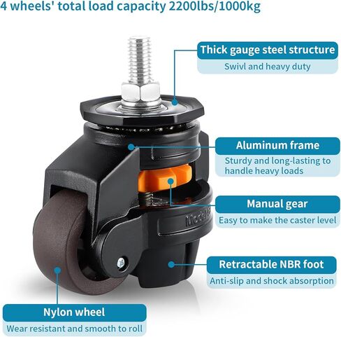 Skelang 4 Pcs Stem Leveling Machine Caster, Retractable Caster Wheel for Industrial Machine Equipment, Heavy Workbench, Movable Furniture, Total Load Capacity 2200Lbs in Kuwait
