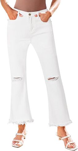 GRAPENT Flare Jeans for Women Trendy High Waisted Cropped Ripped Jeans Wide Leg Stretchy Denim Ankle Pants Raw Hem Jeans in Saudi Arabia