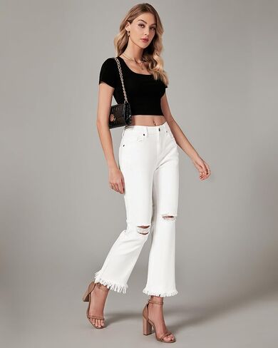 GRAPENT Flare Jeans for Women Trendy High Waisted Cropped Ripped Jeans Wide Leg Stretchy Denim Ankle Pants Raw Hem Jeans in Saudi Arabia