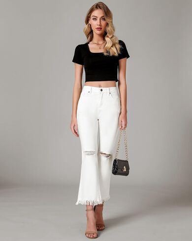 GRAPENT Flare Jeans for Women Trendy High Waisted Cropped Ripped Jeans Wide Leg Stretchy Denim Ankle Pants Raw Hem Jeans in Saudi Arabia