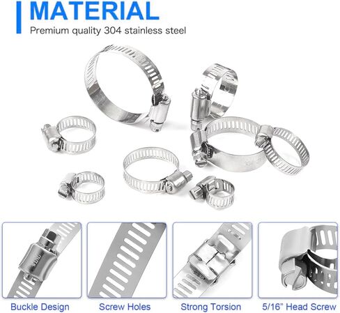 40PCS Hose Clamp Set，1/4''–1-1/8'' 304 Stainless Steel Worm Gear Hose Clamps Kit in Kuwait