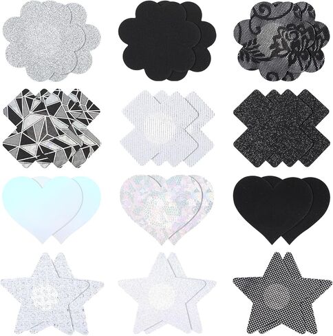 Sibba Glitters Pasties 24 Pcs Breast Covers Sticky Lingerie Accessories Bra Skin Body Coverings Cross Shape Petal Women Rave Party Disposable Reusable Breast Petals Silver Rhinestone in Saudi Arabia