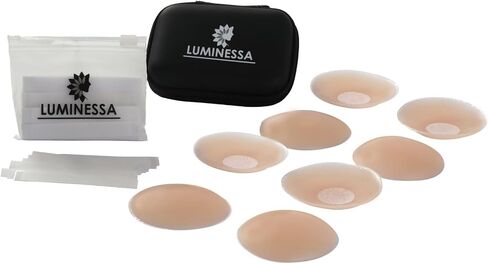 4 Pairs of Beige Silicone Reusable Nipple Covers Pasties + Free Double Sided Tapes for Clothes | Adhesive | Waterproof | Invisible - Luminessa in Saudi Arabia