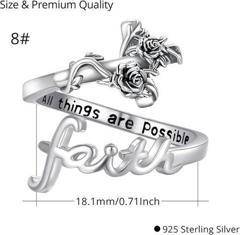 Rose Cross Faith Ring,Sterling Silver Adjustable Open Faith Cross Religious Ring Christian Inspiring Incentive Jewerly Gifts for Women Girls with "All Things Are Possible" Engraved in Saudi Arabia