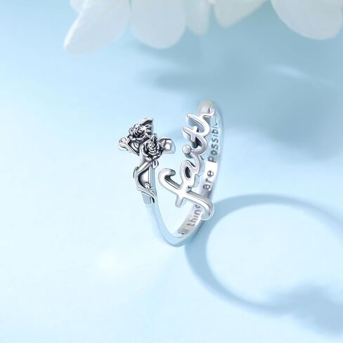 Rose Cross Faith Ring,Sterling Silver Adjustable Open Faith Cross Religious Ring Christian Inspiring Incentive Jewerly Gifts for Women Girls with "All Things Are Possible" Engraved in Saudi Arabia