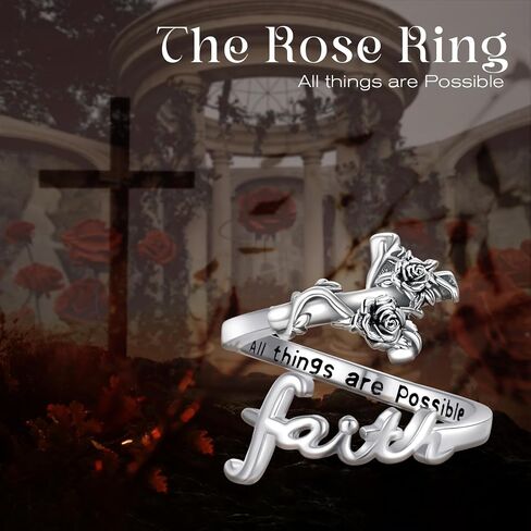 Rose Cross Faith Ring,Sterling Silver Adjustable Open Faith Cross Religious Ring Christian Inspiring Incentive Jewerly Gifts for Women Girls with "All Things Are Possible" Engraved in Saudi Arabia