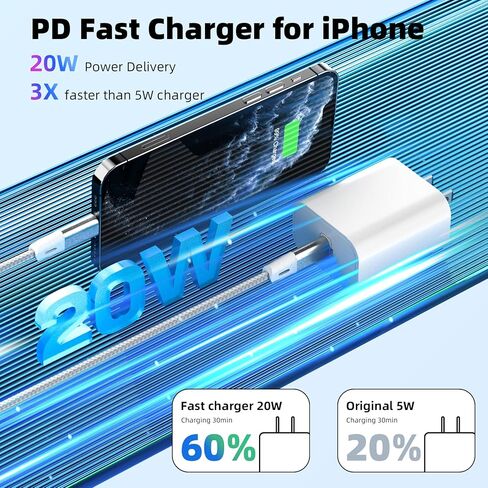 شاحن iPhone 2 حزمة محول PD USB C بقدرة 20 وات وكابل USB C بطول 6 أقدام إلى Lightning شاحن iPhone سريع متوافق مع iPhone 14 13 12 11 X 8 7 المزيد in Kuwait