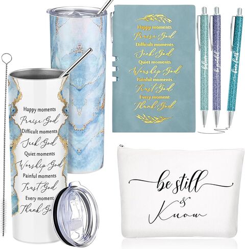 6 Pcs Christian Gifts for Men Women Inspirational Sunday School Gift Blue 20 oz Marble Sign Tumbler Makeup Bag Notepad with Ballpoints Religious Gift for Fathers Day Church Pastor Favor in Saudi Arabia