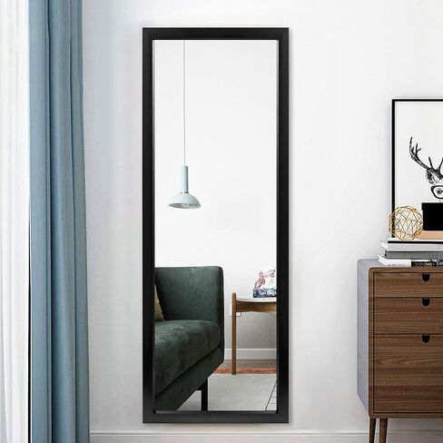 مرآة باب كاملة الطول من Elevens مقاس 43 بوصة × 16 بوصة مرآة حائط مستطيلة كبيرة معلقة أو متكئة على الحائط لغرفة النوم مع إطار PS أسود (بدون حامل) in Kuwait