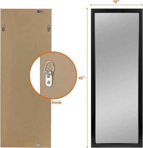 مرآة باب كاملة الطول من Elevens مقاس 43 بوصة × 16 بوصة مرآة حائط مستطيلة كبيرة معلقة أو متكئة على الحائط لغرفة النوم مع إطار PS أسود (بدون حامل) in Kuwait