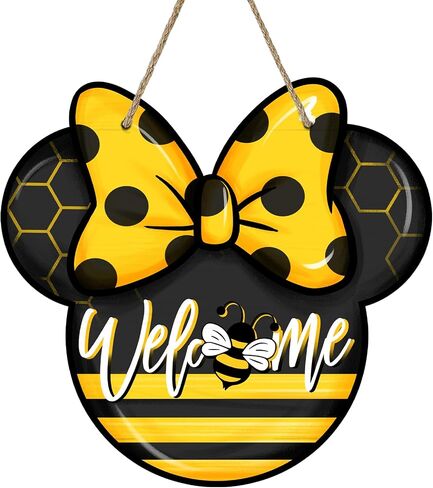 Welcome Spring Summer Cartoon Mouse Sign for Front Door Decor, Bee Yellow Black Wood Door Hanger for Outdoor Outside Porch, Polka Dot Bow Seasonal Wooden Wreath Indoor Wall Hanging Decoration in Saudi Arabia