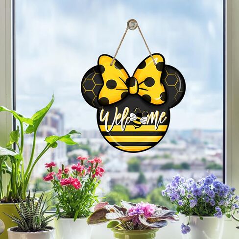 Welcome Spring Summer Cartoon Mouse Sign for Front Door Decor, Bee Yellow Black Wood Door Hanger for Outdoor Outside Porch, Polka Dot Bow Seasonal Wooden Wreath Indoor Wall Hanging Decoration in Saudi Arabia