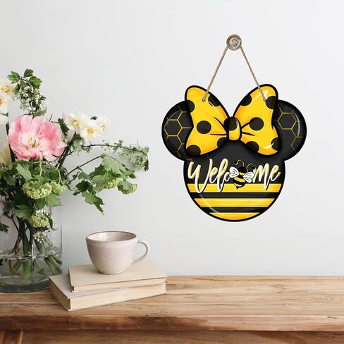 Welcome Spring Summer Cartoon Mouse Sign for Front Door Decor, Bee Yellow Black Wood Door Hanger for Outdoor Outside Porch, Polka Dot Bow Seasonal Wooden Wreath Indoor Wall Hanging Decoration in Saudi Arabia