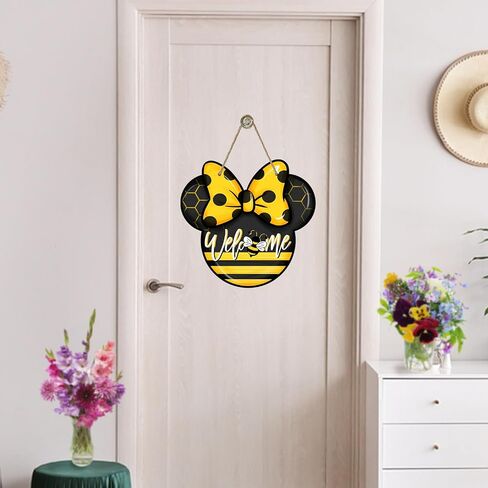 Welcome Spring Summer Cartoon Mouse Sign for Front Door Decor, Bee Yellow Black Wood Door Hanger for Outdoor Outside Porch, Polka Dot Bow Seasonal Wooden Wreath Indoor Wall Hanging Decoration in Saudi Arabia