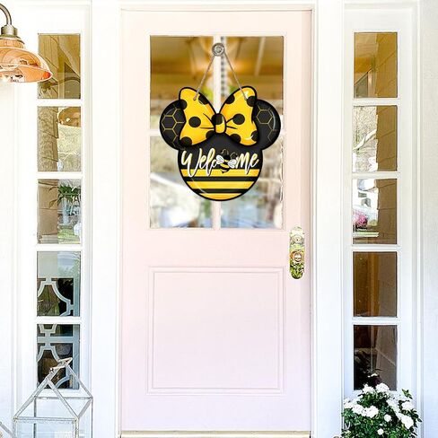 Welcome Spring Summer Cartoon Mouse Sign for Front Door Decor, Bee Yellow Black Wood Door Hanger for Outdoor Outside Porch, Polka Dot Bow Seasonal Wooden Wreath Indoor Wall Hanging Decoration in Saudi Arabia