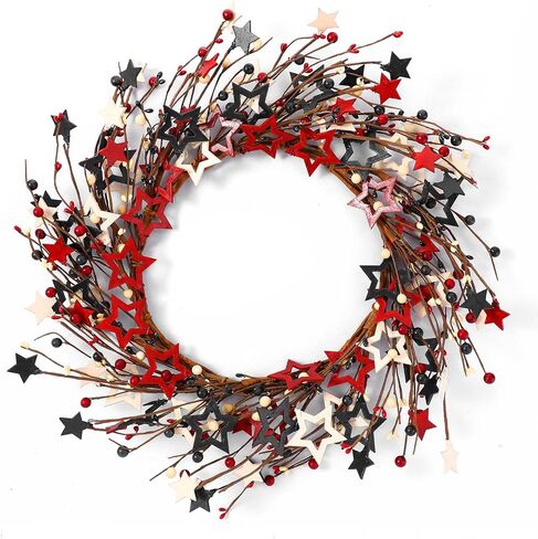 18 بوصة الرابع من يوليو إكليل أحمر أزرق أبيض نجمة خشبية وحلقة التوت إكليل نجمة وطنية للباب الأمامي إكليل يوم الاستقلال المصنوع يدويًا إكليل ريفي إكليل غصين لتزيين يوم العلم التذكاري in Kuwait