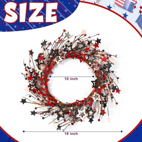 18 بوصة الرابع من يوليو إكليل أحمر أزرق أبيض نجمة خشبية وحلقة التوت إكليل نجمة وطنية للباب الأمامي إكليل يوم الاستقلال المصنوع يدويًا إكليل ريفي إكليل غصين لتزيين يوم العلم التذكاري in Kuwait