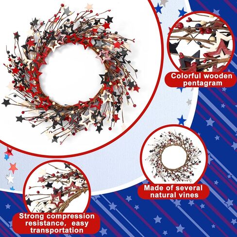 18 بوصة الرابع من يوليو إكليل أحمر أزرق أبيض نجمة خشبية وحلقة التوت إكليل نجمة وطنية للباب الأمامي إكليل يوم الاستقلال المصنوع يدويًا إكليل ريفي إكليل غصين لتزيين يوم العلم التذكاري in Kuwait