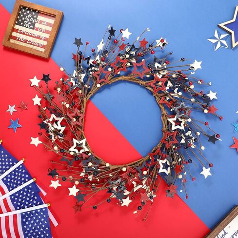 18 بوصة الرابع من يوليو إكليل أحمر أزرق أبيض نجمة خشبية وحلقة التوت إكليل نجمة وطنية للباب الأمامي إكليل يوم الاستقلال المصنوع يدويًا إكليل ريفي إكليل غصين لتزيين يوم العلم التذكاري in Kuwait