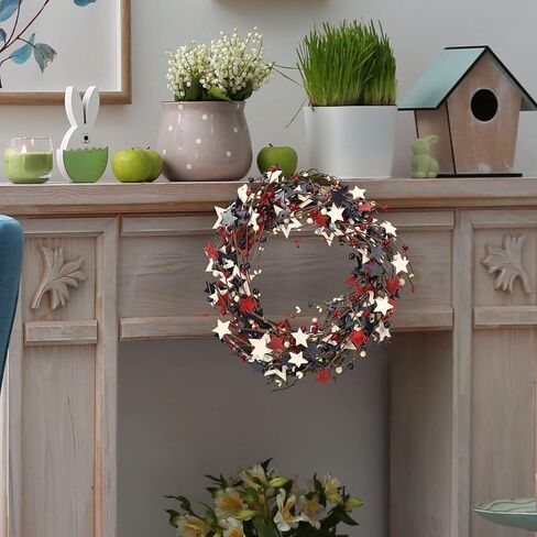 18 بوصة الرابع من يوليو إكليل أحمر أزرق أبيض نجمة خشبية وحلقة التوت إكليل نجمة وطنية للباب الأمامي إكليل يوم الاستقلال المصنوع يدويًا إكليل ريفي إكليل غصين لتزيين يوم العلم التذكاري in Kuwait