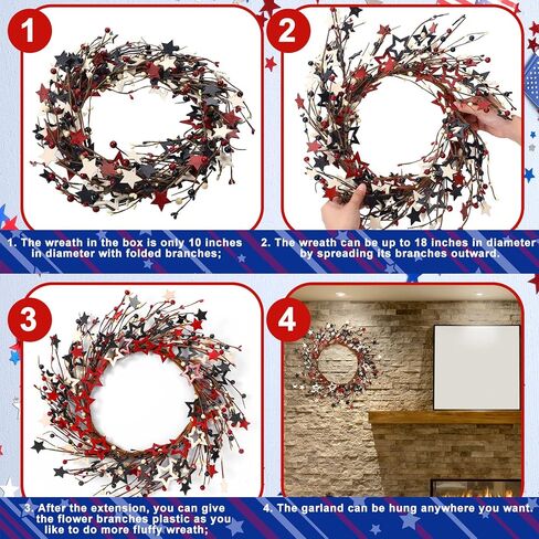 18 بوصة الرابع من يوليو إكليل أحمر أزرق أبيض نجمة خشبية وحلقة التوت إكليل نجمة وطنية للباب الأمامي إكليل يوم الاستقلال المصنوع يدويًا إكليل ريفي إكليل غصين لتزيين يوم العلم التذكاري in Kuwait