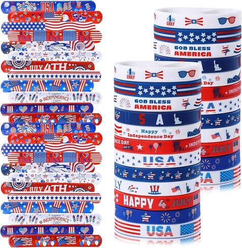 48 قطعة من هدايا حفلات الرابع من يوليو ديكورات وطنية العلم الأمريكي أساور مطاطية أساور معصم مطاطية باللونين الأحمر والأبيض والأزرق لعيد الاستقلال in Kuwait