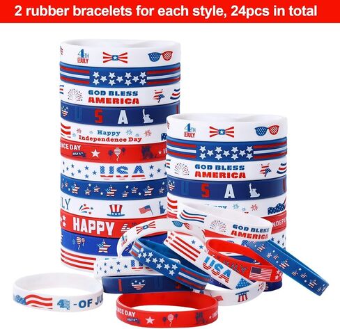 48 قطعة من هدايا حفلات الرابع من يوليو ديكورات وطنية العلم الأمريكي أساور مطاطية أساور معصم مطاطية باللونين الأحمر والأبيض والأزرق لعيد الاستقلال in Kuwait