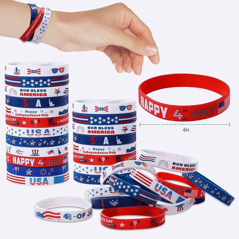 48 قطعة من هدايا حفلات الرابع من يوليو ديكورات وطنية العلم الأمريكي أساور مطاطية أساور معصم مطاطية باللونين الأحمر والأبيض والأزرق لعيد الاستقلال in Kuwait
