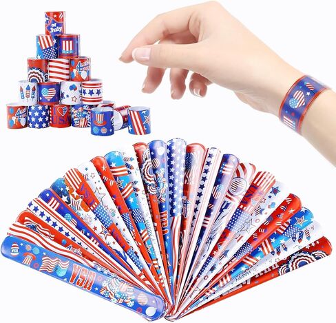 48 قطعة من هدايا حفلات الرابع من يوليو ديكورات وطنية العلم الأمريكي أساور مطاطية أساور معصم مطاطية باللونين الأحمر والأبيض والأزرق لعيد الاستقلال in Kuwait