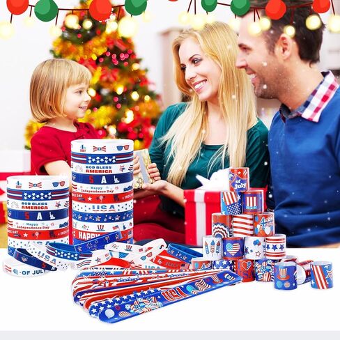 48 قطعة من هدايا حفلات الرابع من يوليو ديكورات وطنية العلم الأمريكي أساور مطاطية أساور معصم مطاطية باللونين الأحمر والأبيض والأزرق لعيد الاستقلال in Kuwait