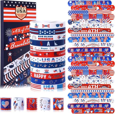 48 قطعة من هدايا حفلات الرابع من يوليو ديكورات وطنية العلم الأمريكي أساور مطاطية أساور معصم مطاطية باللونين الأحمر والأبيض والأزرق لعيد الاستقلال in Kuwait
