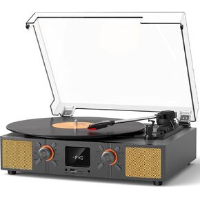 مشغل تسجيل الفينيل VINYLS LINK مع مكبر صوت، قرص دوار بلوتوث ثلاثي السرعات مع راديو FM وشاشة LED، تسجيل USB، تشغيل بطاقة TF، مدخل AUX ومخرج RCA، مشغل تسجيل ريترو محمول للمنزل in Kuwait