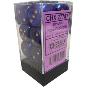 Chessex Borealis 16mm d6 كتلة النرد اللامعة باللون الأرجواني الملكي/الذهبي (12 نرد) (27787) in Kuwait